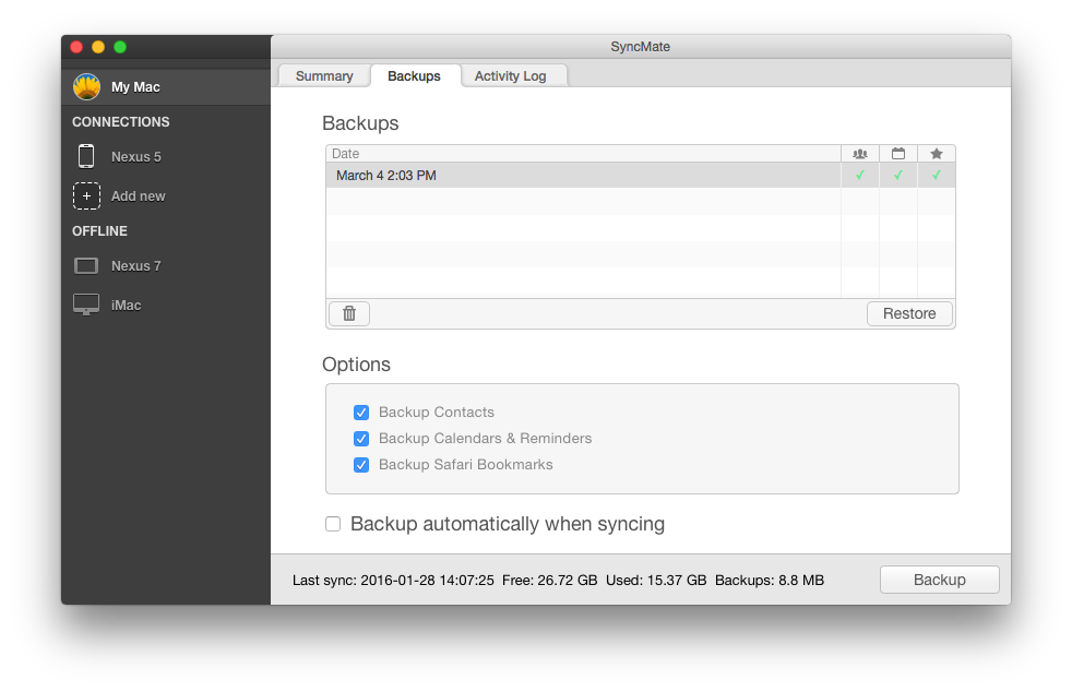 Back up data with SyncMate