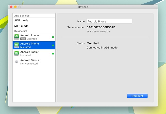  Also it will be checked 'mounted' in MacDroid interface.